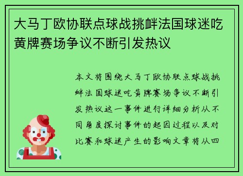 大马丁欧协联点球战挑衅法国球迷吃黄牌赛场争议不断引发热议